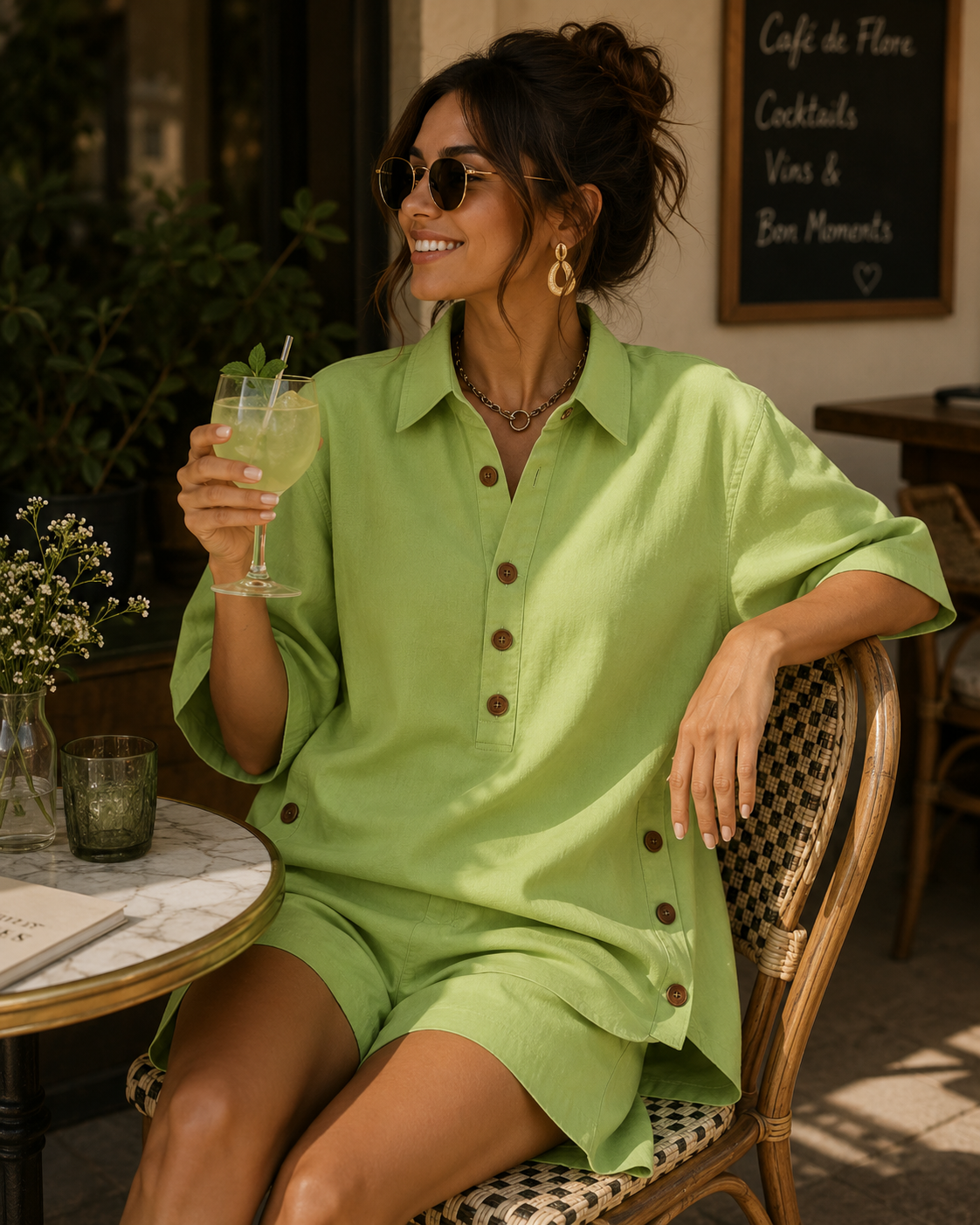 Mariella Aubert Short-Sleeve Shirt with Lapel and Button-Down Collar, Paired with Shorts