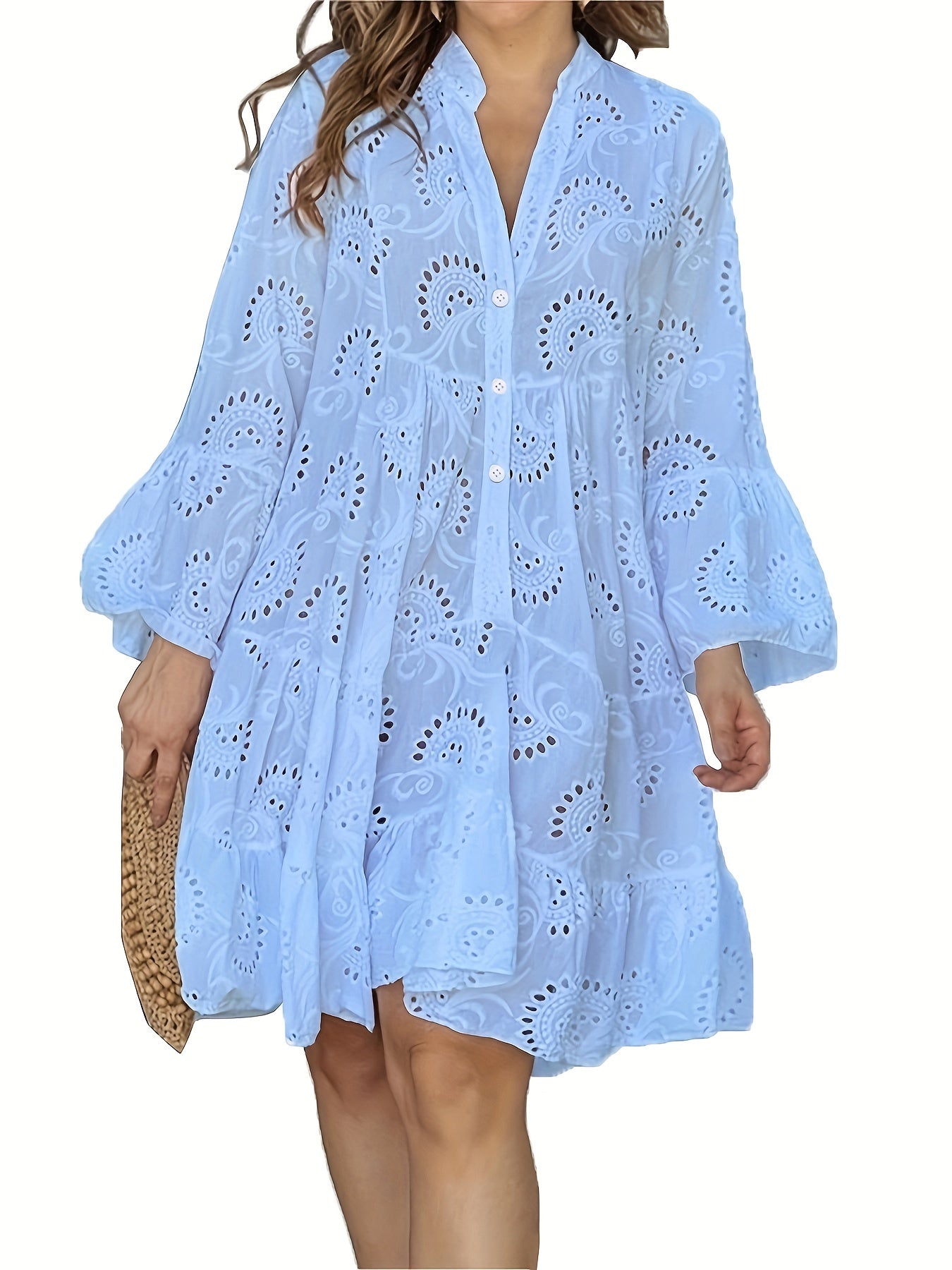 Women’s loose V-neck shirt dress with flared sleeves and patchwork design
