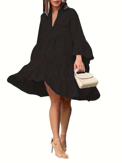 Women’s loose V-neck shirt dress with flared sleeves and patchwork design