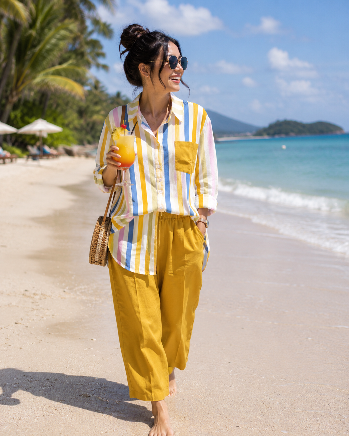 Mariella Aubert Summer New Stripe Set Casual Long Sleeve Pants Two Piece Set