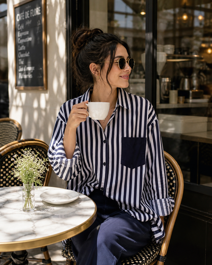 Mariella Aubert Summer New Stripe Set Casual Long Sleeve Pants Two Piece Set