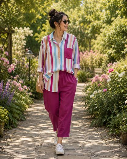 Mariella Aubert Summer New Stripe Set Casual Long Sleeve Pants Two Piece Set