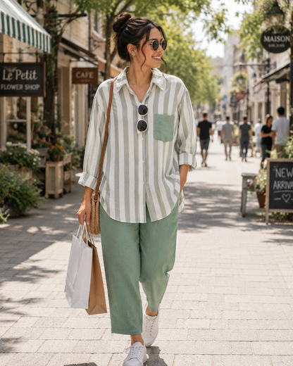 Mariella Aubert Summer New Stripe Set Casual Long Sleeve Pants Two Piece Set