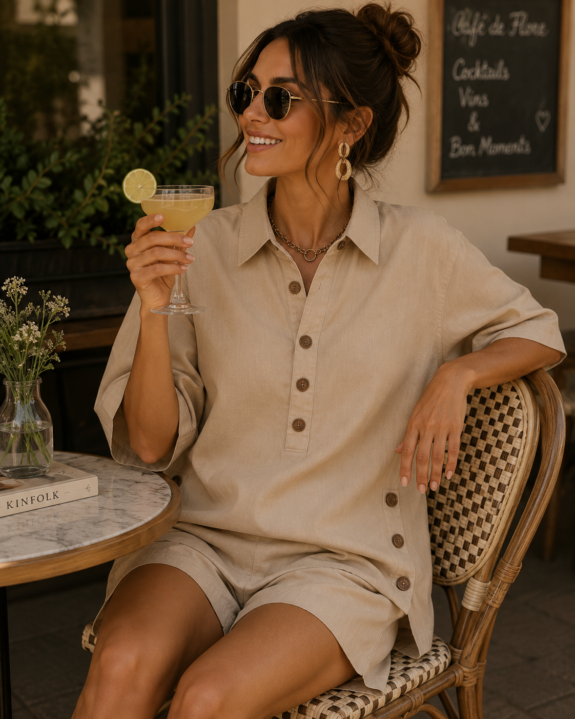 Mariella Aubert Short-Sleeve Shirt with Lapel and Button-Down Collar, Paired with Shorts