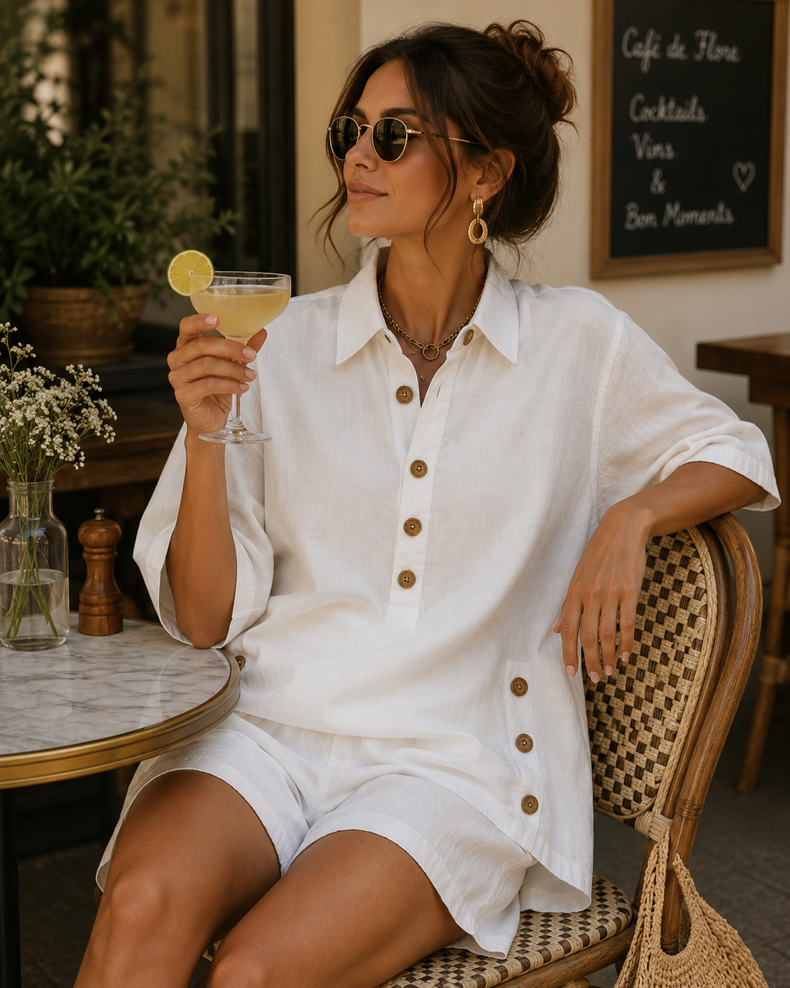 Mariella Aubert Short-Sleeve Shirt with Lapel and Button-Down Collar, Paired with Shorts