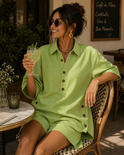 Mariella Aubert Short-Sleeve Shirt with Lapel and Button-Down Collar, Paired with Shorts