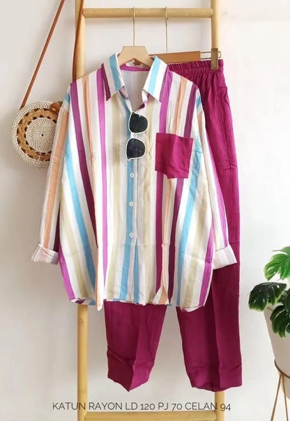 Mariella Aubert Summer New Stripe Set Casual Long Sleeve Pants Two Piece Set