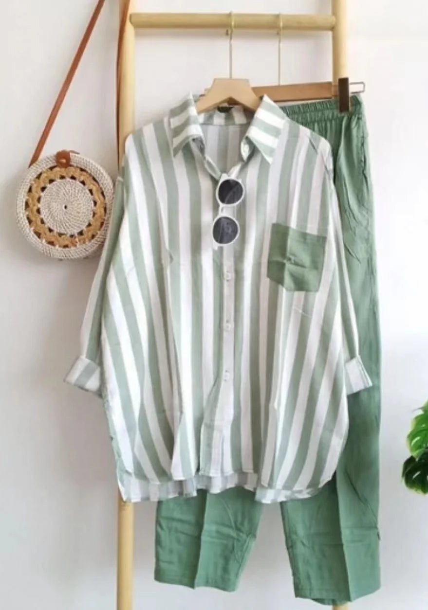 Mariella Aubert Summer New Stripe Set Casual Long Sleeve Pants Two Piece Set