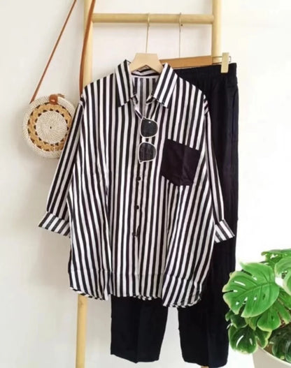 Mariella Aubert Summer New Stripe Set Casual Long Sleeve Pants Two Piece Set