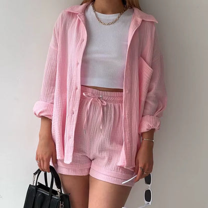 Long Sleeve Shirt Shorts Casual Two Piece Ladies Sets