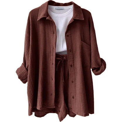 Long Sleeve Shirt Shorts Casual Two Piece Ladies Sets
