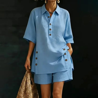 Mariella Aubert Short-Sleeve Shirt with Lapel and Button-Down Collar, Paired with Shorts