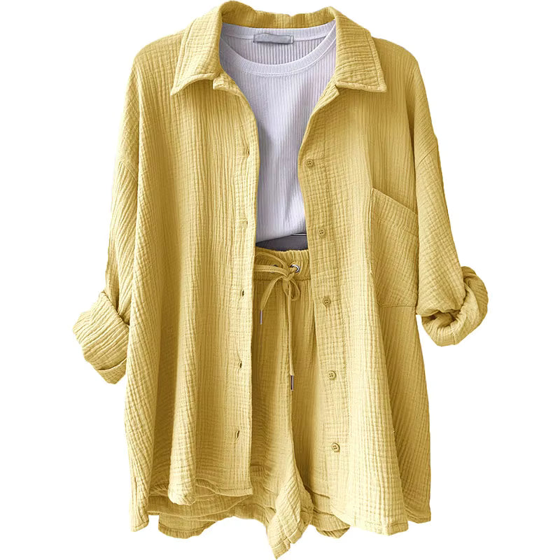 Long Sleeve Shirt Shorts Casual Two Piece Ladies Sets