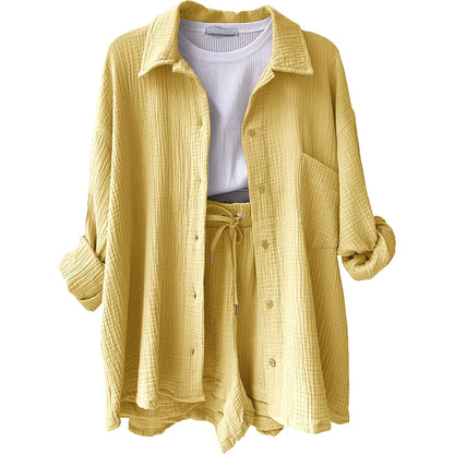 Long Sleeve Shirt Shorts Casual Two Piece Ladies Sets