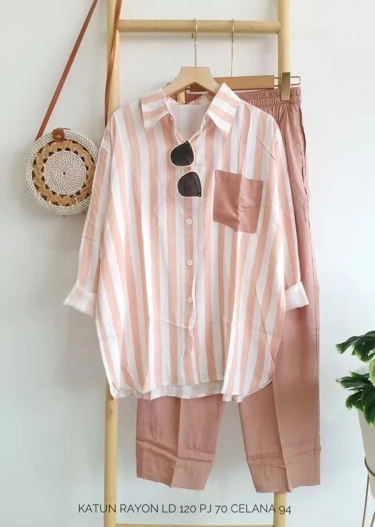 Mariella Aubert Summer New Stripe Set Casual Long Sleeve Pants Two Piece Set