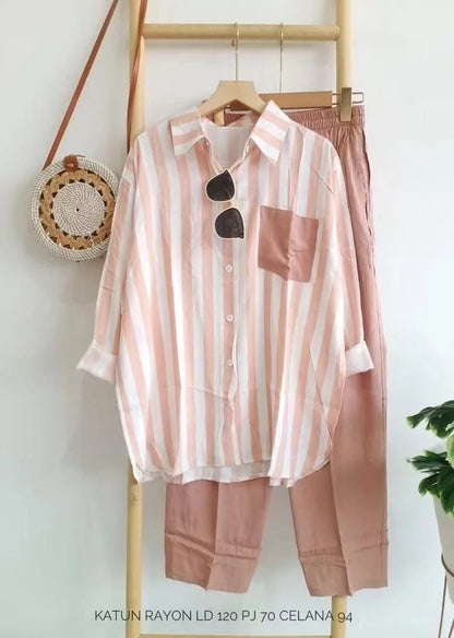 Mariella Aubert Summer New Stripe Set Casual Long Sleeve Pants Two Piece Set