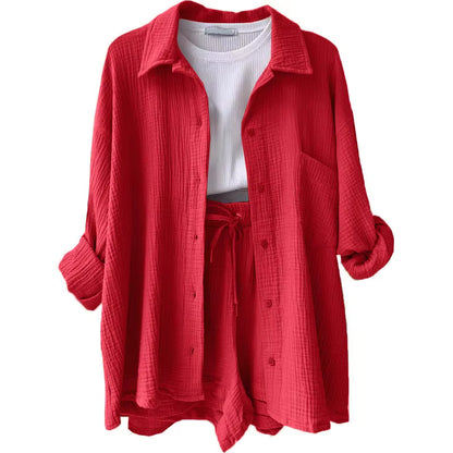 Long Sleeve Shirt Shorts Casual Two Piece Ladies Sets