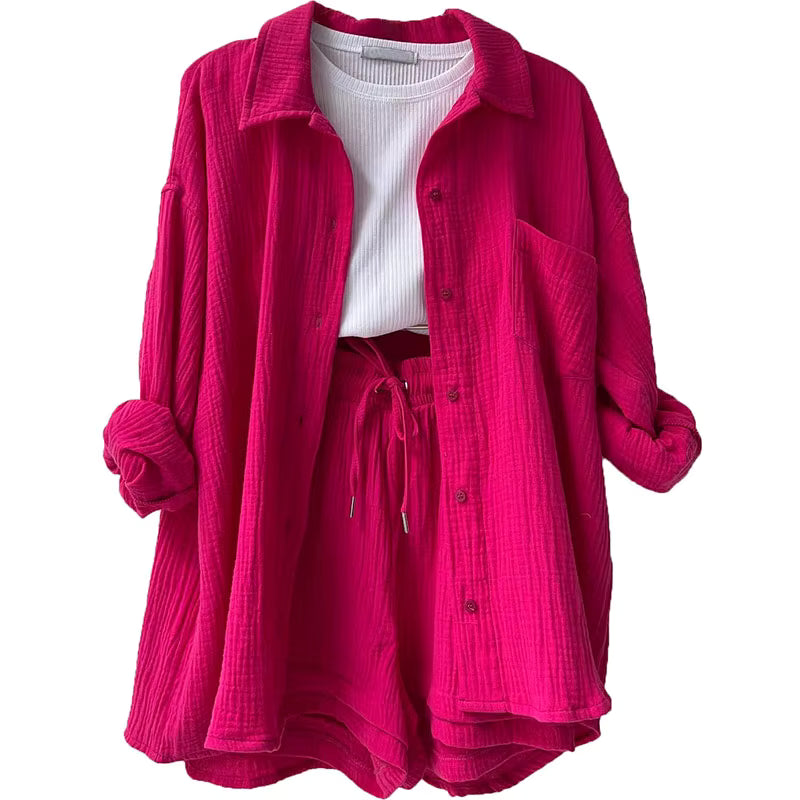 Long Sleeve Shirt Shorts Casual Two Piece Ladies Sets
