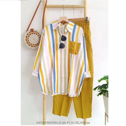 Mariella Aubert Summer New Stripe Set Casual Long Sleeve Pants Two Piece Set