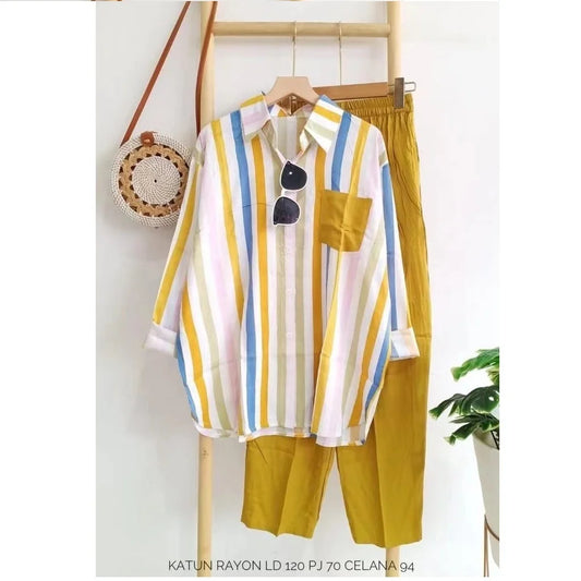 Mariella Aubert Summer New Stripe Set Casual Long Sleeve Pants Two Piece Set