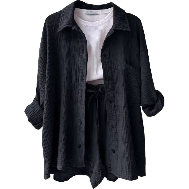 Long Sleeve Shirt Shorts Casual Two Piece Ladies Sets