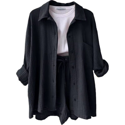 Long Sleeve Shirt Shorts Casual Two Piece Ladies Sets