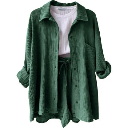 Long Sleeve Shirt Shorts Casual Two Piece Ladies Sets