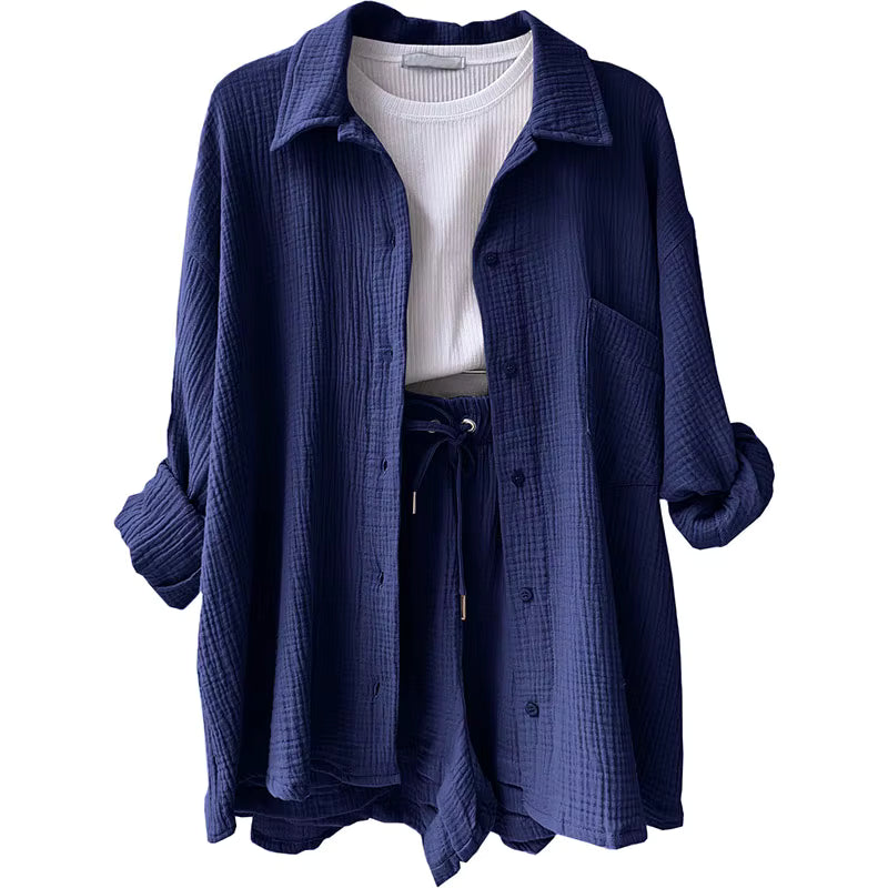 Long Sleeve Shirt Shorts Casual Two Piece Ladies Sets