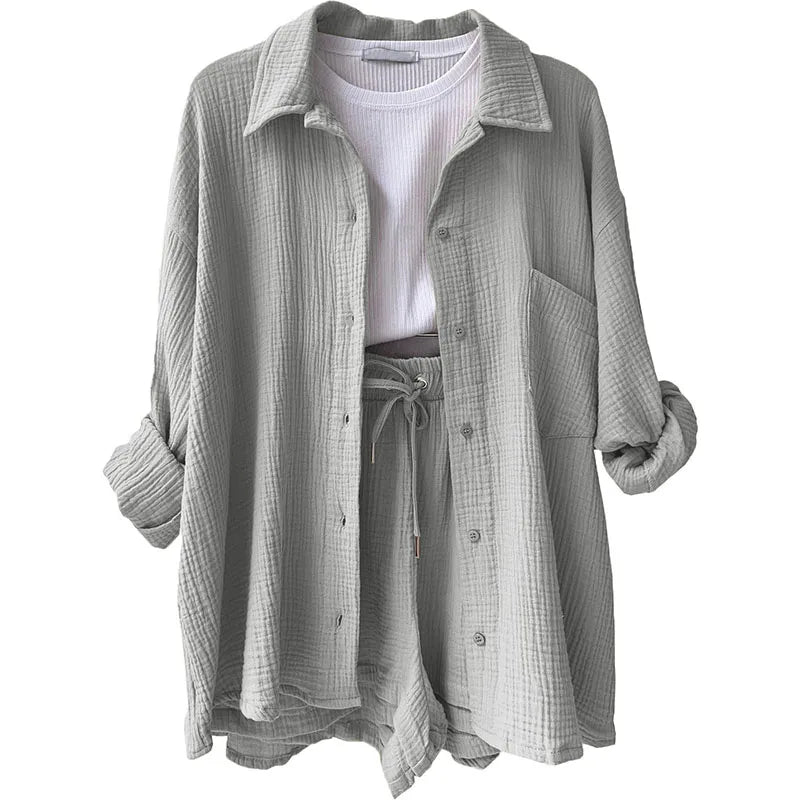 Long Sleeve Shirt Shorts Casual Two Piece Ladies Sets