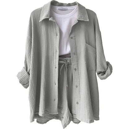 Long Sleeve Shirt Shorts Casual Two Piece Ladies Sets