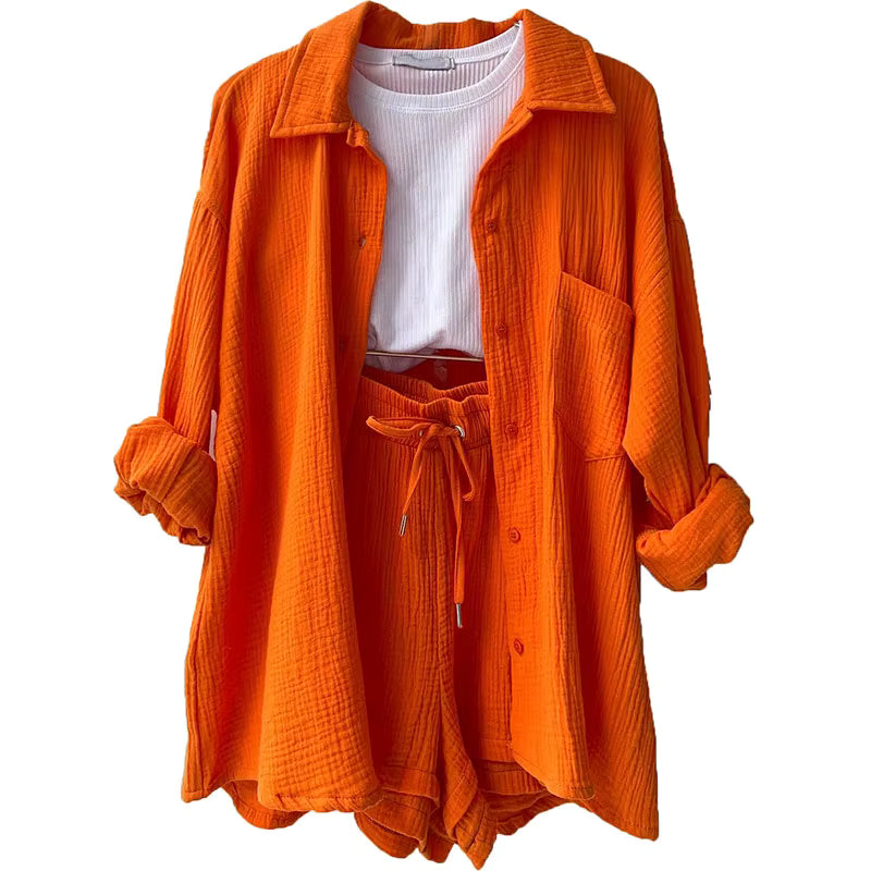 Long Sleeve Shirt Shorts Casual Two Piece Ladies Sets