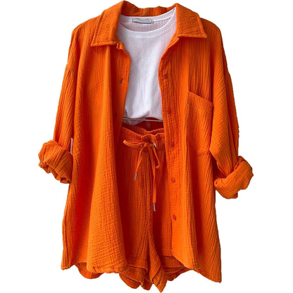 Long Sleeve Shirt Shorts Casual Two Piece Ladies Sets