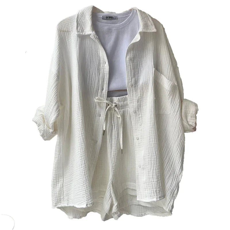 Long Sleeve Shirt Shorts Casual Two Piece Ladies Sets