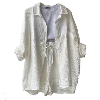 Long Sleeve Shirt Shorts Casual Two Piece Ladies Sets