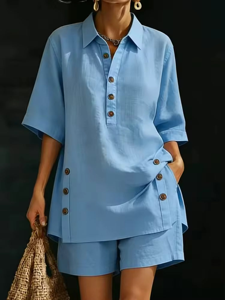 Mariella Aubert Short-Sleeve Shirt with Lapel and Button-Down Collar, Paired with Shorts