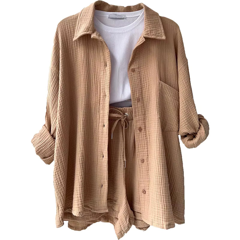 Long Sleeve Shirt Shorts Casual Two Piece Ladies Sets