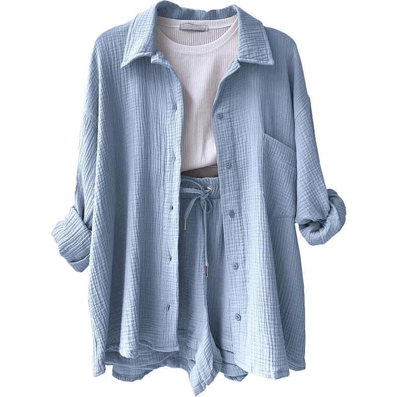 Long Sleeve Shirt Shorts Casual Two Piece Ladies Sets