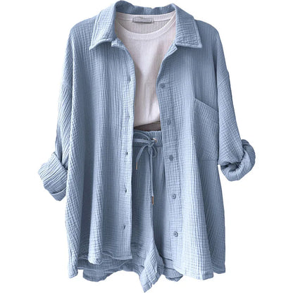 Long Sleeve Shirt Shorts Casual Two Piece Ladies Sets