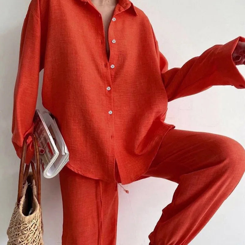 Mariella Aubert Cotton Linen Women Shirt Pants Plus Size Women's Set