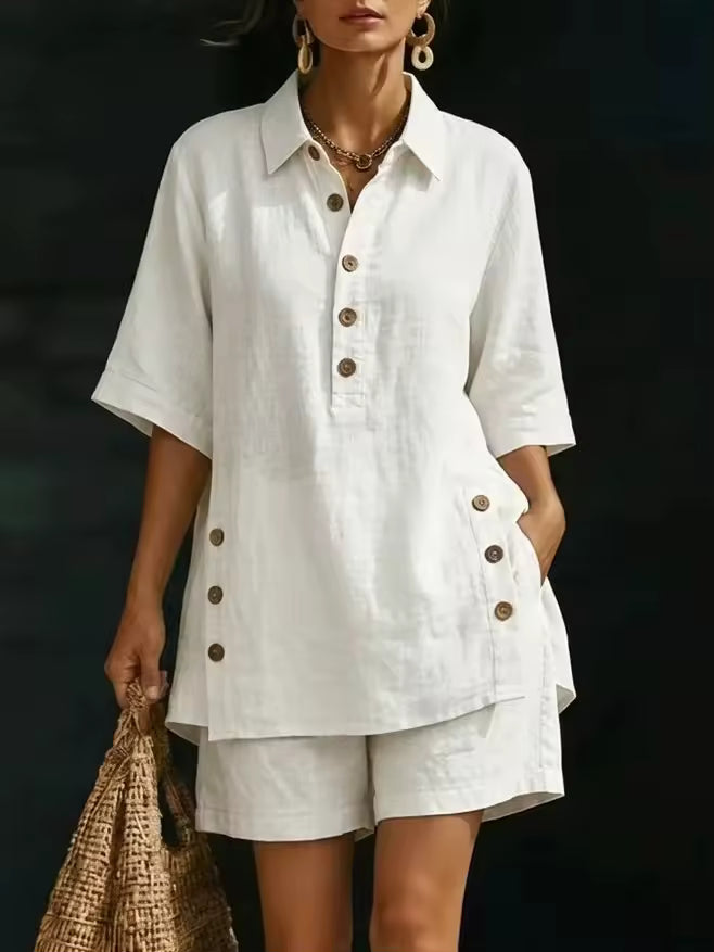 Mariella Aubert Short-Sleeve Shirt with Lapel and Button-Down Collar, Paired with Shorts