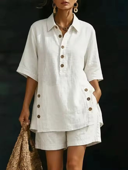Mariella Aubert Short-Sleeve Shirt with Lapel and Button-Down Collar, Paired with Shorts