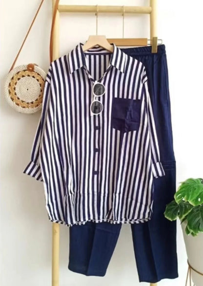 Mariella Aubert Summer New Stripe Set Casual Long Sleeve Pants Two Piece Set