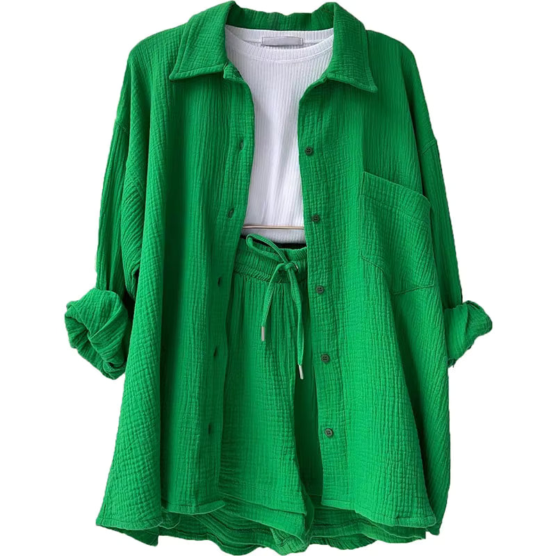 Long Sleeve Shirt Shorts Casual Two Piece Ladies Sets