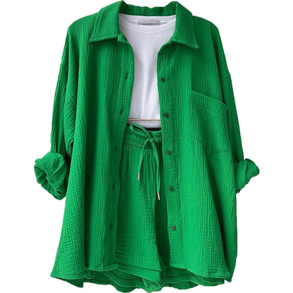 Long Sleeve Shirt Shorts Casual Two Piece Ladies Sets