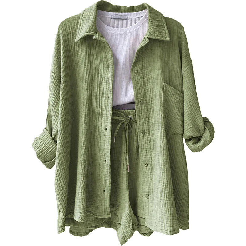 Long Sleeve Shirt Shorts Casual Two Piece Ladies Sets
