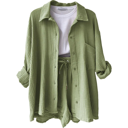 Long Sleeve Shirt Shorts Casual Two Piece Ladies Sets