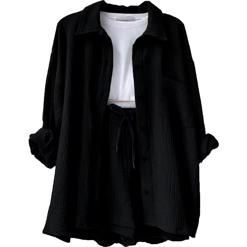 Long Sleeve Shirt Shorts Casual Two Piece Ladies Sets