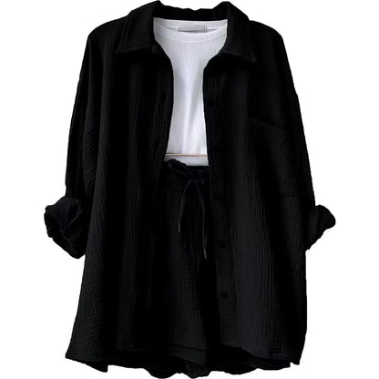 Long Sleeve Shirt Shorts Casual Two Piece Ladies Sets