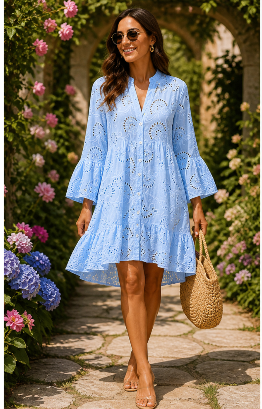 Women’s loose V-neck shirt dress with flared sleeves and patchwork design