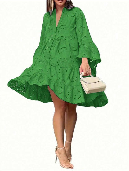 Women’s loose V-neck shirt dress with flared sleeves and patchwork design